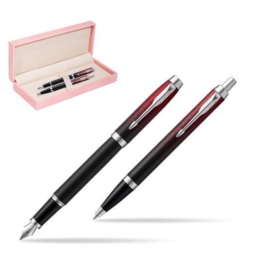 Zestaw prezentowy Parker pióro wieczne + długopis IM Red Ignite Edycja Specjalna w różowym pudełku zamszowym