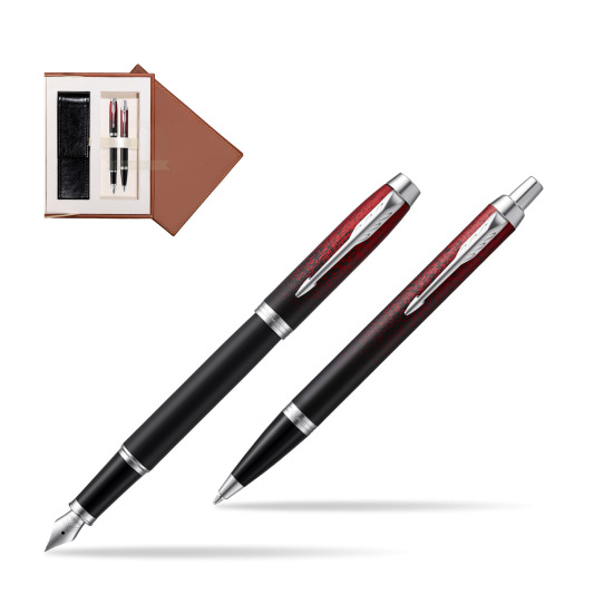 Zestaw prezentowy Parker pióro wieczne + długopis IM Red Ignite Edycja Specjalna w brązowym pudełku zamszowym