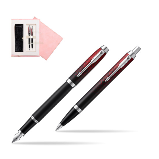 Zestaw prezentowy Parker pióro wieczne + długopis IM Red Ignite Edycja Specjalna w różowym pudełku zamszowym