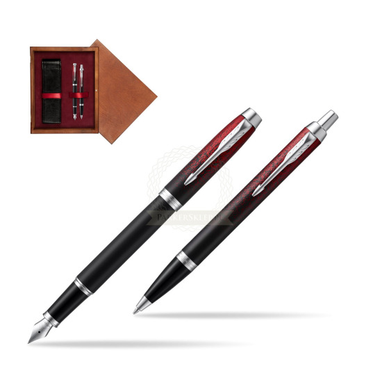 Zestaw prezentowy Parker pióro wieczne + długopis IM Red Ignite Edycja Specjalna w pudełku drewnianym Mahoń Double Bordo
