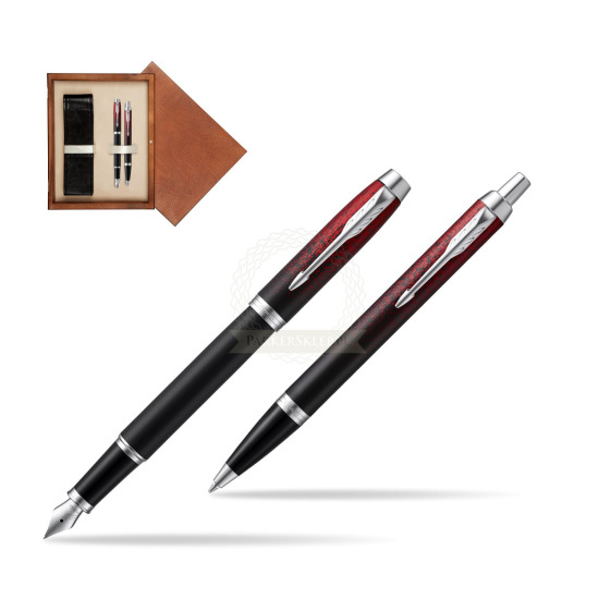 Zestaw prezentowy Parker pióro wieczne + długopis IM Red Ignite Edycja Specjalna w pudełku drewnianym Mahoń Double Ecru