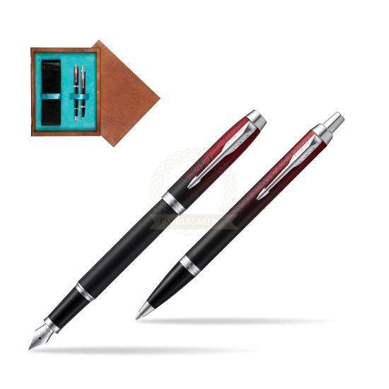 Zestaw prezentowy Parker pióro wieczne + długopis IM Red Ignite Edycja Specjalna w pudełku drewnianym Mahoń Double Turkus