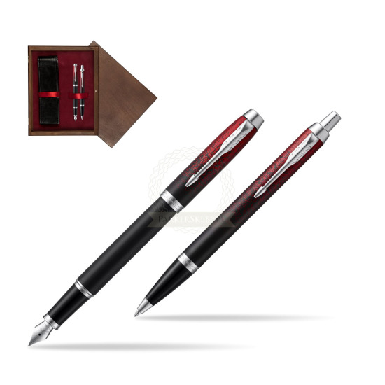 Zestaw prezentowy Parker pióro wieczne + długopis IM Red Ignite Edycja Specjalna w pudełku drewnianym Wenge Double Bordo