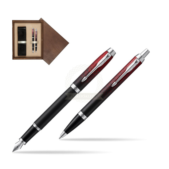 Zestaw prezentowy Parker pióro wieczne + długopis IM Red Ignite Edycja Specjalna w pudełku drewnianym Wenge Double Ecru