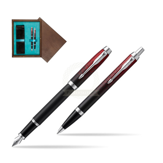 Zestaw prezentowy Parker pióro wieczne + długopis IM Red Ignite Edycja Specjalna w pudełku drewnianym Wenge Double Turkus