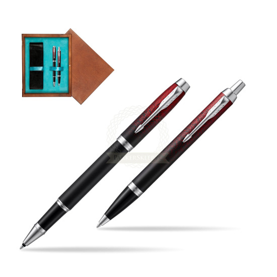 Zestaw prezentowy Parker pióro kulkowe + długopis IM Red Ignite Edycja Specjalna w pudełku drewnianym Mahoń Double Turkus