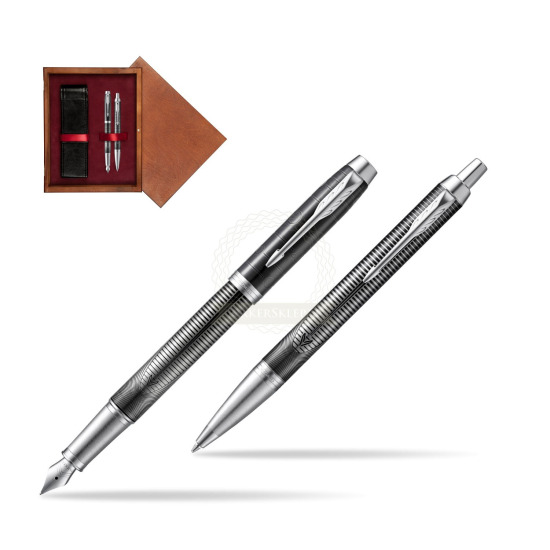 Zestaw prezentowy Parker pióro wieczne + długopis IM Metallic Pursuit Edycja Specjalna w pudełku drewnianym Mahoń Double Bordo