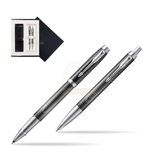 Zestaw prezentowy Parker pióro kulkowe  + długopis IM Metallic Pursuit Edycja Specjalna w czarnym pudełku zamszowym