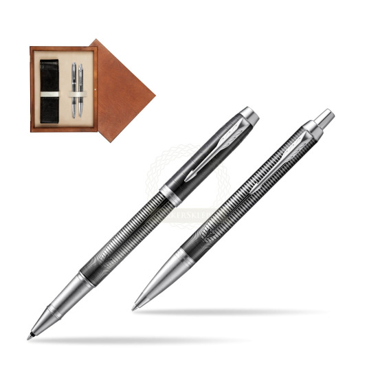Zestaw prezentowy Parker pióro kulkowe  + długopis IM Metallic Pursuit Edycja Specjalna w pudełku drewnianym Mahoń Double Ecru