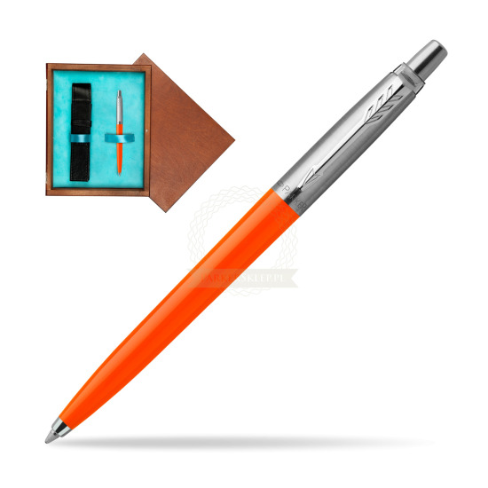 Długopis Parker Jotter Originals Orange w pudełku drewnianym Mahoń Single Turkus