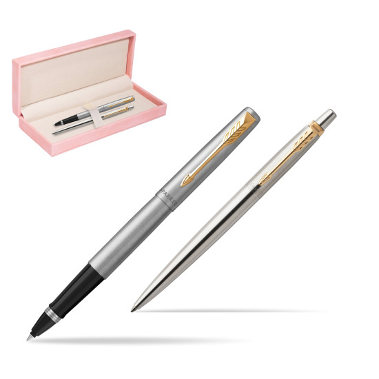 Zestaw Prezentowy Parker Pióro kulkowe + Długopis Jotter Stalowy GT w różowym pudełku zamszowym