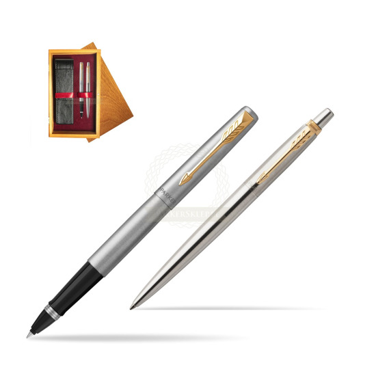 Zestaw Prezentowy Parker Pióro kulkowe + Długopis Jotter Stalowy GT w pudełku drewnianym Honey Double Bordo