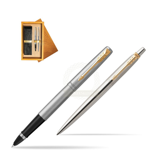 Zestaw Prezentowy Parker Pióro kulkowe + Długopis Jotter Stalowy GT w pudełku drewnianym Honey Double Ecru