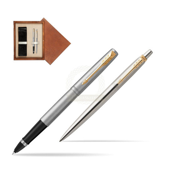 Zestaw Prezentowy Parker Pióro kulkowe + Długopis Jotter Stalowy GT w pudełku drewnianym Mahoń Double Ecru