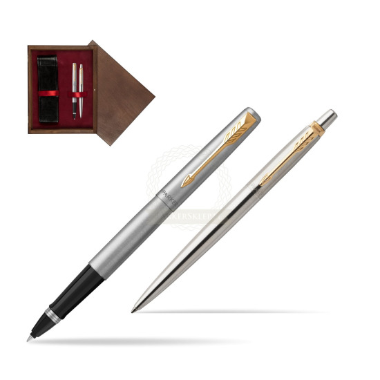 Zestaw Prezentowy Parker Pióro kulkowe + Długopis Jotter Stalowy GT w pudełku drewnianym Wenge Double Bordo
