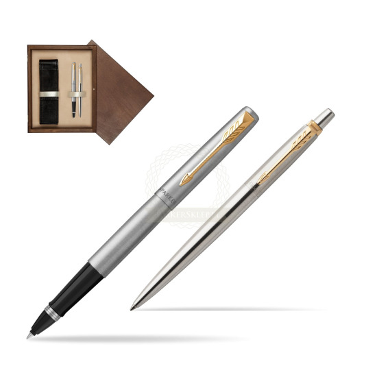 Zestaw Prezentowy Parker Pióro kulkowe + Długopis Jotter Stalowy GT w pudełku drewnianym Wenge Double Ecru