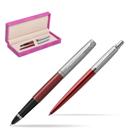 Zestaw Parker Pióro kulkowe + Długopis Jotter Kensington Czerwony CT w pudełku zamszowym fuksja