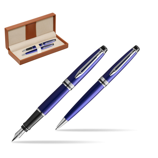 Zestaw prezentowy pióro wieczne + długopis Waterman Expert Ciemnoniebieski CT w pudełku classic brown