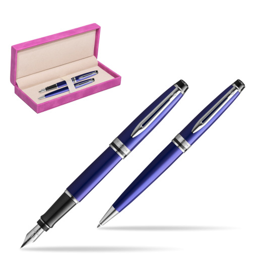 Zestaw prezentowy pióro wieczne + długopis Waterman Expert Ciemnoniebieski CT w pudełku zamszowym fuksja