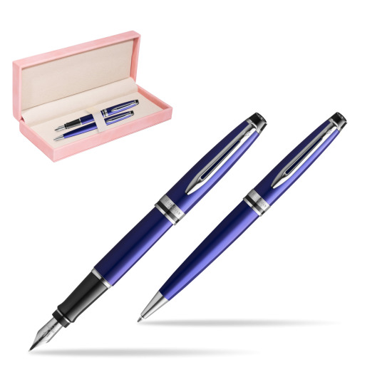 Zestaw prezentowy pióro wieczne + długopis Waterman Expert Ciemnoniebieski CT w różowym pudełku zamszowym