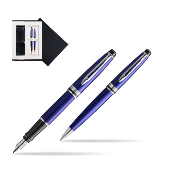 Zestaw prezentowy pióro wieczne + długopis Waterman Expert Ciemnoniebieski CT w czarnym pudełku zamszowym