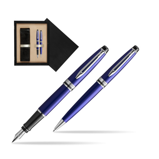 Zestaw prezentowy pióro wieczne + długopis Waterman Expert Ciemnoniebieski CT w pudełku drewnianym Czerń Double Ecru