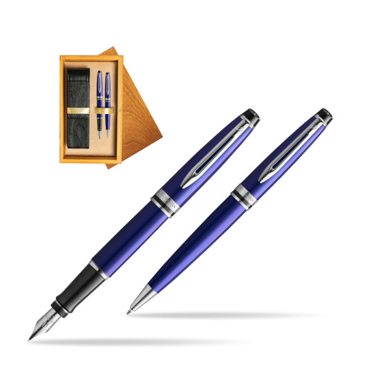 Zestaw prezentowy pióro wieczne + długopis Waterman Expert Ciemnoniebieski CT w pudełku drewnianym Honey Double Ecru
