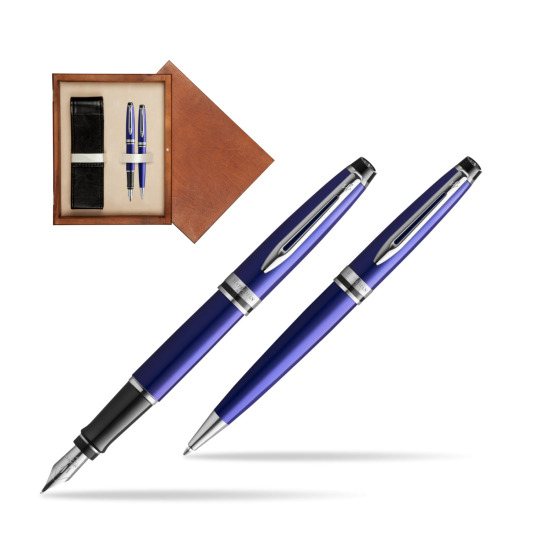 Zestaw prezentowy pióro wieczne + długopis Waterman Expert Ciemnoniebieski CT w pudełku drewnianym Mahoń Double Ecru