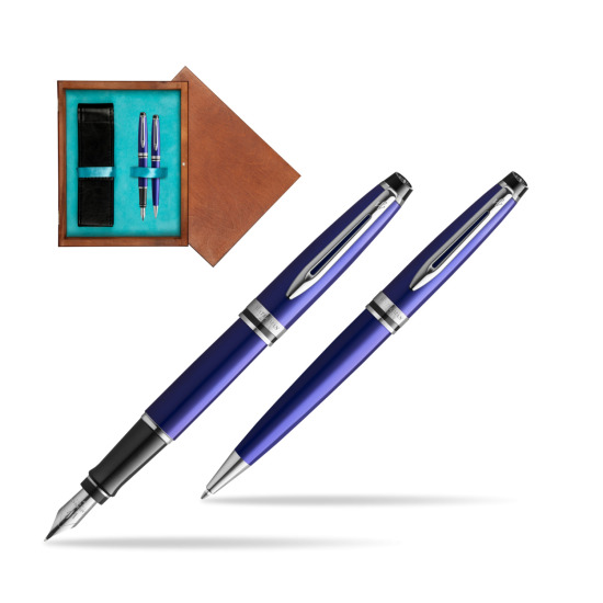 Zestaw prezentowy pióro wieczne + długopis Waterman Expert Ciemnoniebieski CT w pudełku drewnianym Mahoń Double Turkus
