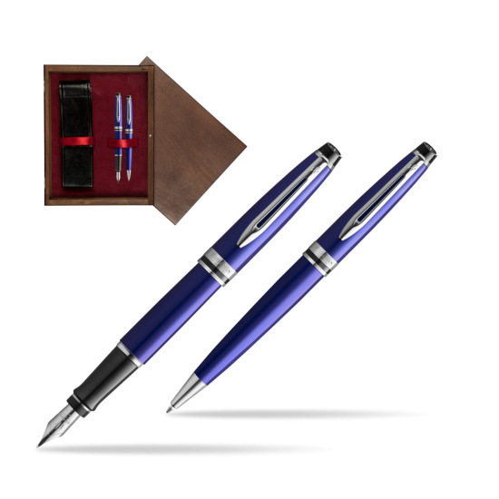 Zestaw prezentowy pióro wieczne + długopis Waterman Expert Ciemnoniebieski CT w pudełku drewnianym Wenge Double Bordo