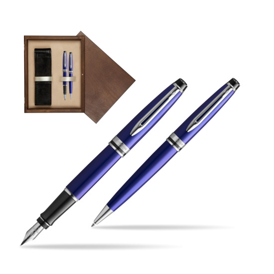 Zestaw prezentowy pióro wieczne + długopis Waterman Expert Ciemnoniebieski CT w pudełku drewnianym Wenge Double Ecru