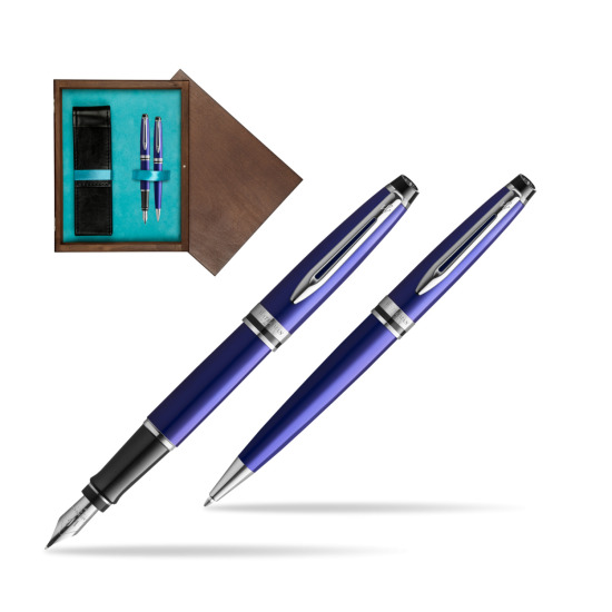 Zestaw prezentowy pióro wieczne + długopis Waterman Expert Ciemnoniebieski CT w pudełku drewnianym Wenge Double Turkus