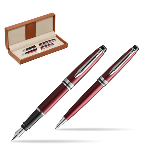 Zestaw prezentowy pióro wieczne + długopis Waterman Expert Ciemnoczerwony CT w pudełku classic brown