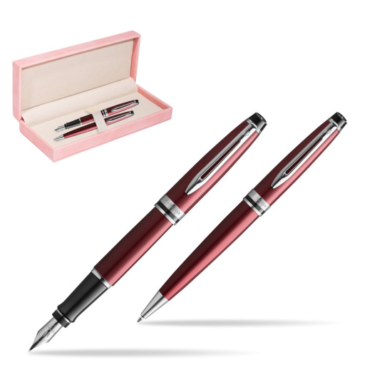 Zestaw prezentowy pióro wieczne + długopis Waterman Expert Ciemnoczerwony CT w różowym pudełku zamszowym