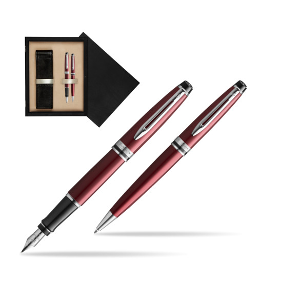 Zestaw prezentowy pióro wieczne + długopis Waterman Expert Ciemnoczerwony CT w pudełku drewnianym Czerń Double Ecru
