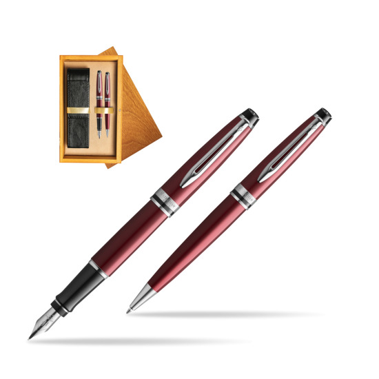 Zestaw prezentowy pióro wieczne + długopis Waterman Expert Ciemnoczerwony CT w pudełku drewnianym Honey Double Ecru