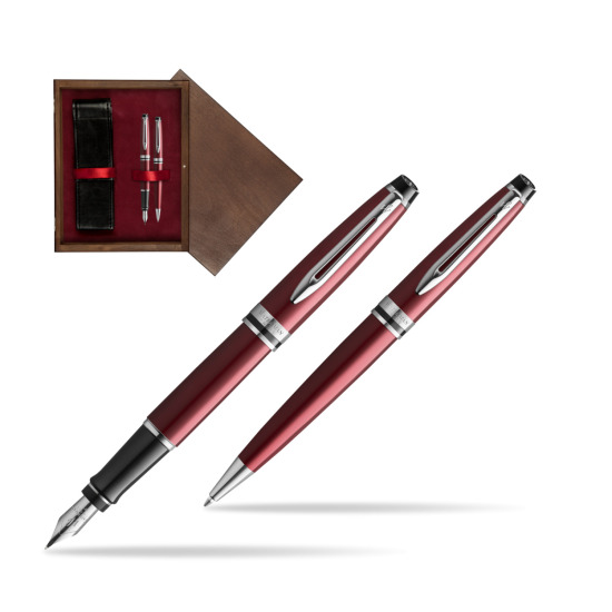 Zestaw prezentowy pióro wieczne + długopis Waterman Expert Ciemnoczerwony CT w pudełku drewnianym Wenge Double Bordo