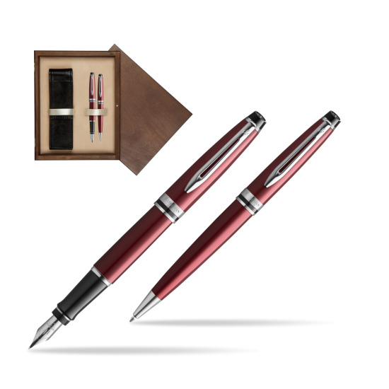 Zestaw prezentowy pióro wieczne + długopis Waterman Expert Ciemnoczerwony CT w pudełku drewnianym Wenge Double Ecru