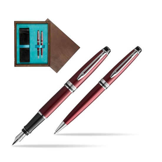 Zestaw prezentowy pióro wieczne + długopis Waterman Expert Ciemnoczerwony CT w pudełku drewnianym Wenge Double Turkus