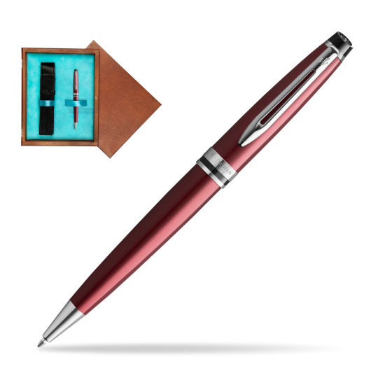 Długopis Waterman Expert Ciemnoczerwony w pudełku drewnianym Mahoń Single Turkus