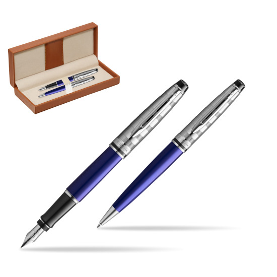Zestaw prezentowy pióro wieczne + długopis Waterman Expert DeLuxe Granatowy CT w pudełku classic brown