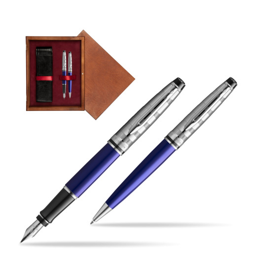 Zestaw prezentowy pióro wieczne + długopis Waterman Expert DeLuxe Granatowy CT w pudełku drewnianym Mahoń Double Bordo