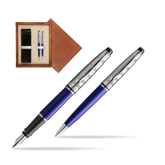 Zestaw prezentowy pióro wieczne + długopis Waterman Expert DeLuxe Granatowy CT w pudełku drewnianym Mahoń Double Ecru