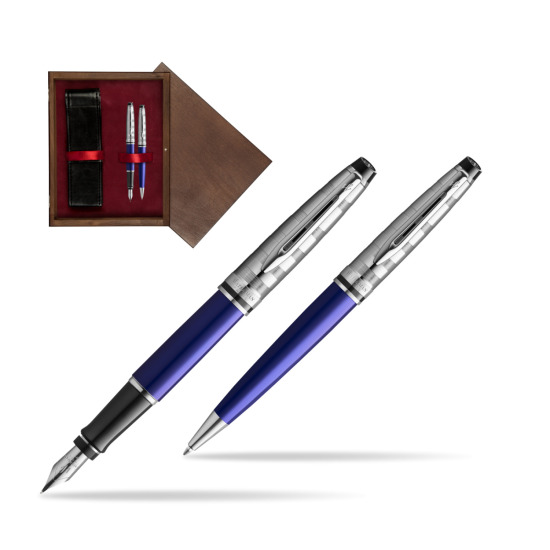Zestaw prezentowy pióro wieczne + długopis Waterman Expert DeLuxe Granatowy CT w pudełku drewnianym Wenge Double Bordo