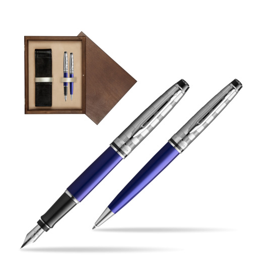 Zestaw prezentowy pióro wieczne + długopis Waterman Expert DeLuxe Granatowy CT w pudełku drewnianym Wenge Double Ecru