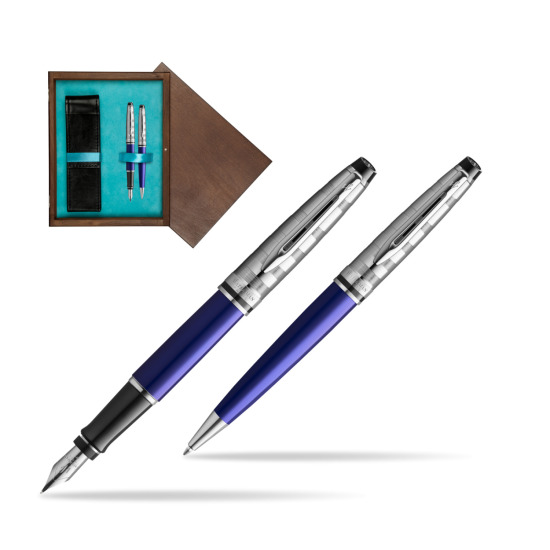 Zestaw prezentowy pióro wieczne + długopis Waterman Expert DeLuxe Granatowy CT w pudełku drewnianym Wenge Double Turkus