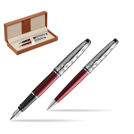 Zestaw prezentowy pióro wieczne + długopis Waterman Expert DeLuxe Ciemnoczerwony w pudełku classic brown