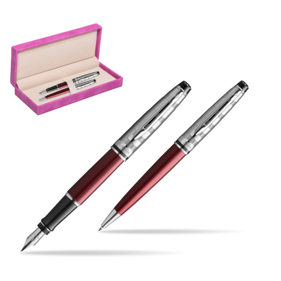 Zestaw prezentowy pióro wieczne + długopis Waterman Expert DeLuxe Ciemnoczerwony w pudełku zamszowym fuksja