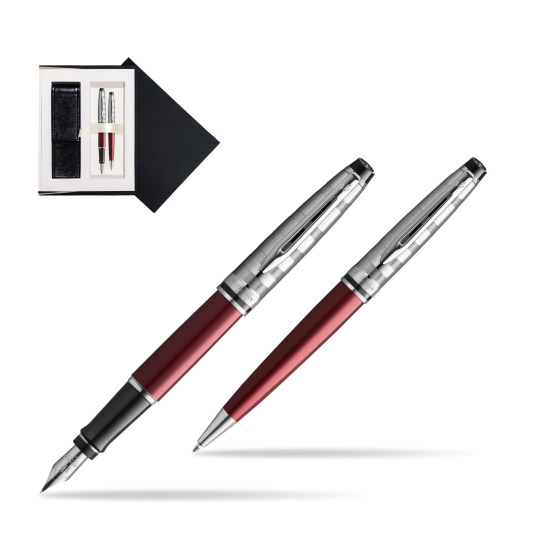 Zestaw prezentowy pióro wieczne + długopis Waterman Expert DeLuxe Ciemnoczerwony w czarnym pudełku zamszowym