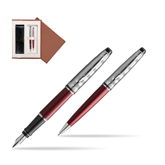 Zestaw prezentowy pióro wieczne + długopis Waterman Expert DeLuxe Ciemnoczerwony w brązowym pudełku zamszowym